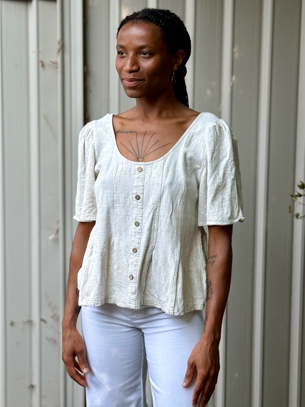 Umgee Linen Cotton Scoop-Neck Button Front Peplum Blouse Puff Sleeve Ivory